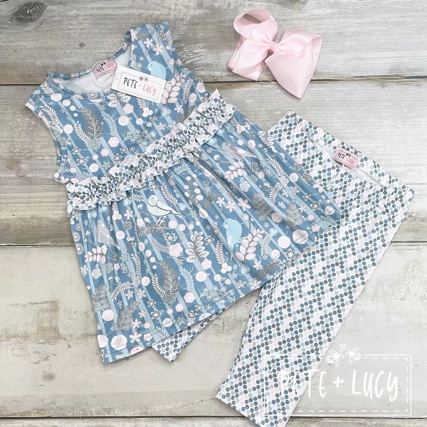 Pete and Lucy Blue Floral and Birds Capri Set